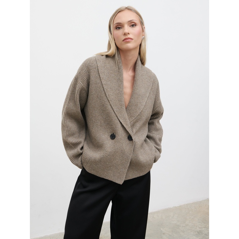 Ana Cross Over Collared Knit Cardigan – Dark Mushroom