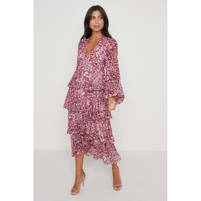 Ashton Ruffle Midi Dress – Coral Abstract