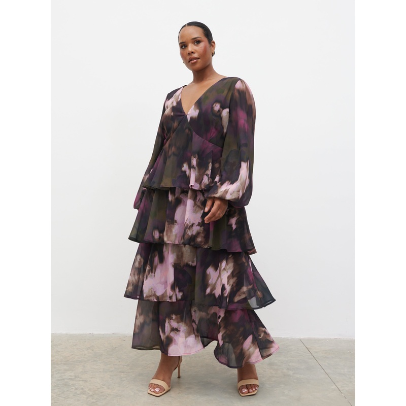 Ashton Ruffle Midi Dress Curve – Purple and Khaki Ombre