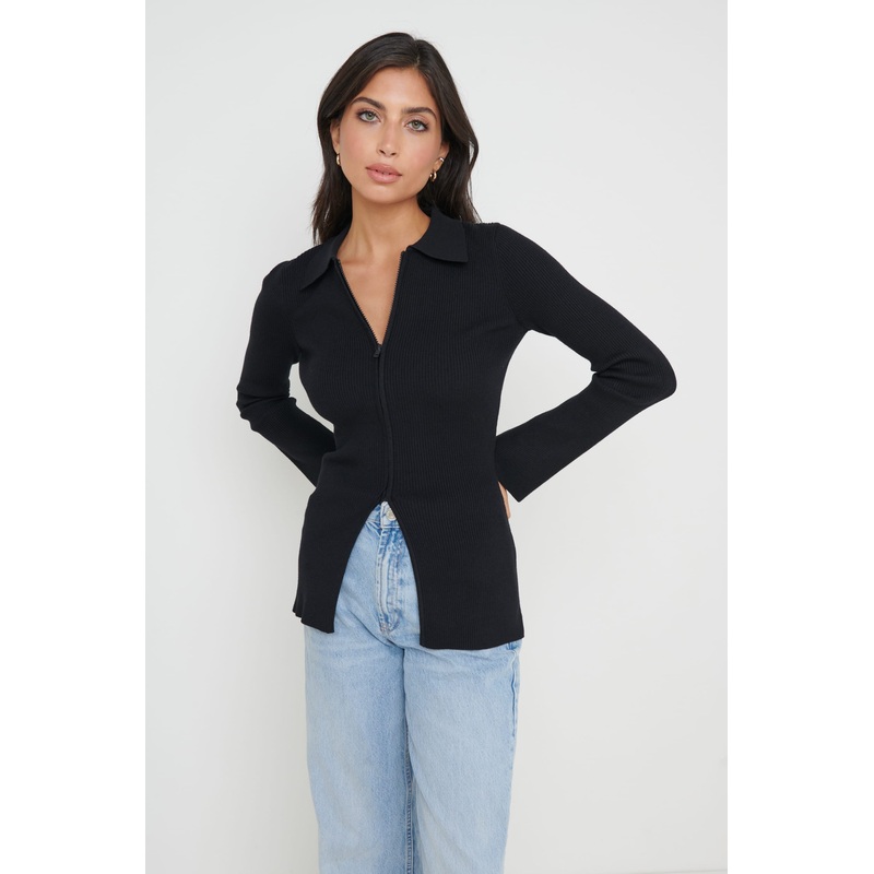 Avery Zip Knit Collared Top – Black