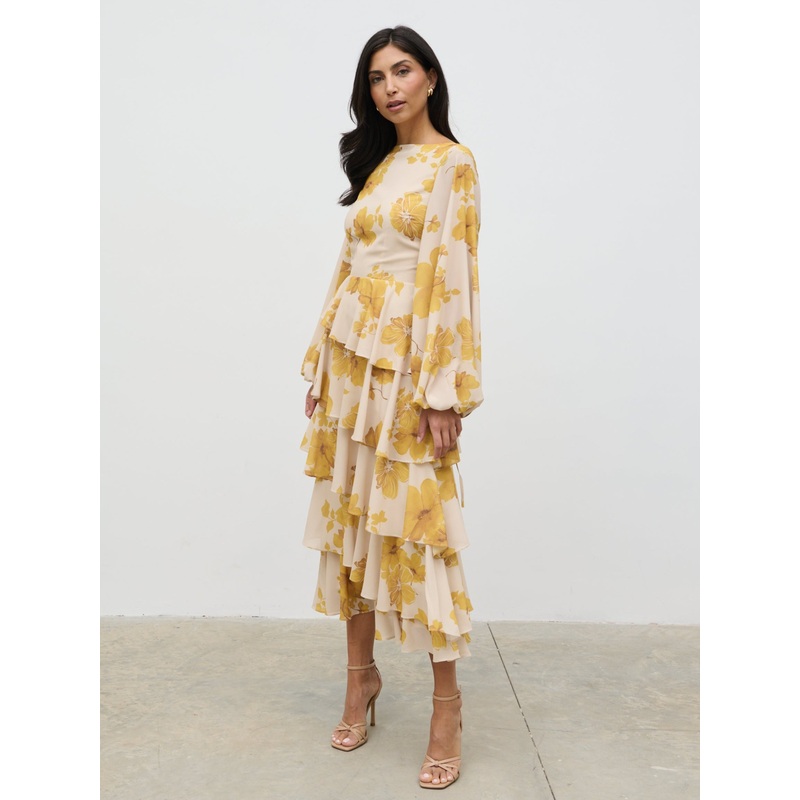 Beatris Backless Ruffle Midaxi Dress – Yellow Ochre Floral