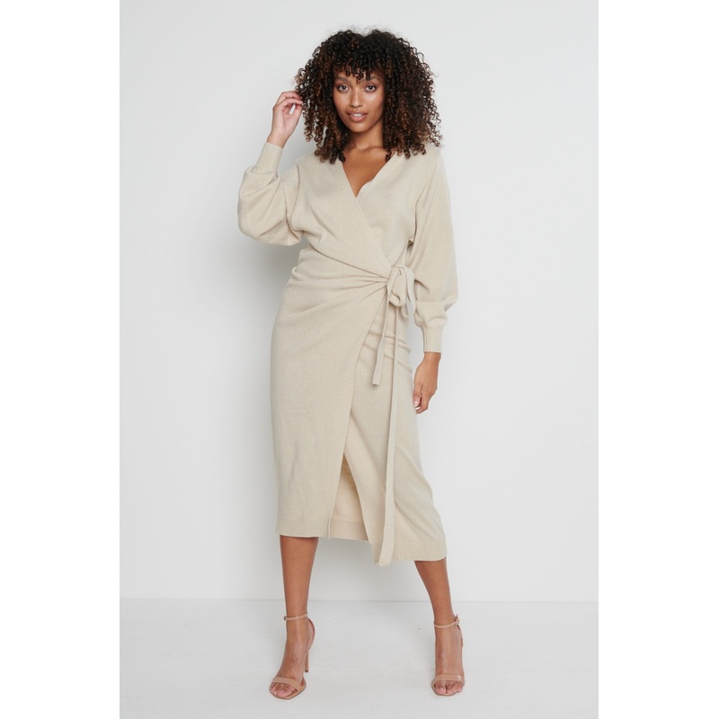 Beau Wrap Midi Dress – Beige-XS & S & M & L & XL & XXL