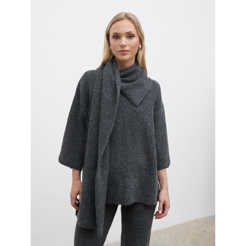 Beautrix Knit Attached Scarf Jumper – Charcoal