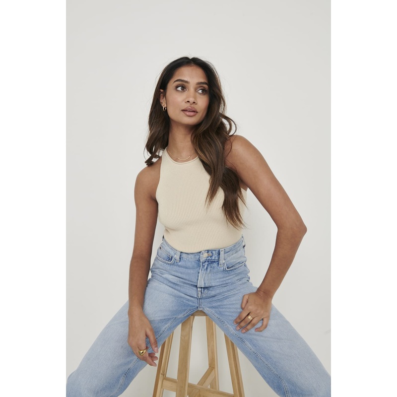 Billie Ribbed Racer Tee – Beige