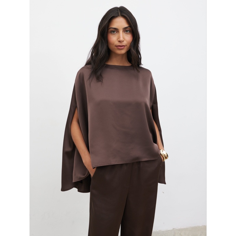Breya Cape Floaty Satin Top – Chocolate Brown
