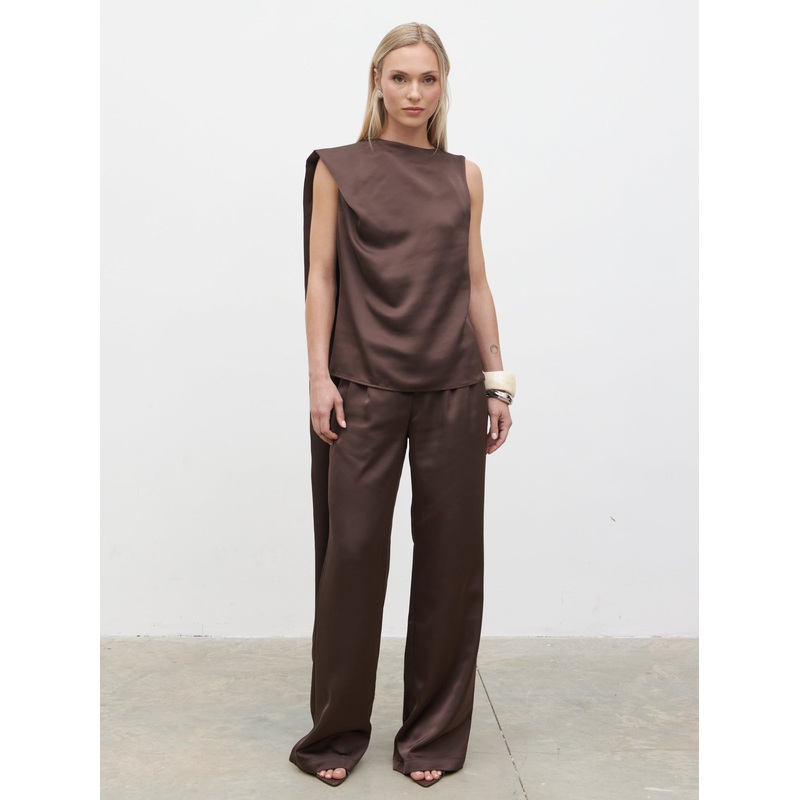 Breya Scarf Satin Top – Chocolate Brown