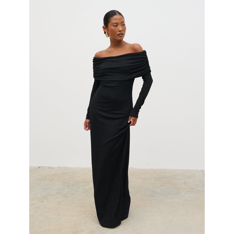 Perrie Bardot Lurex Jersey Dress – Black