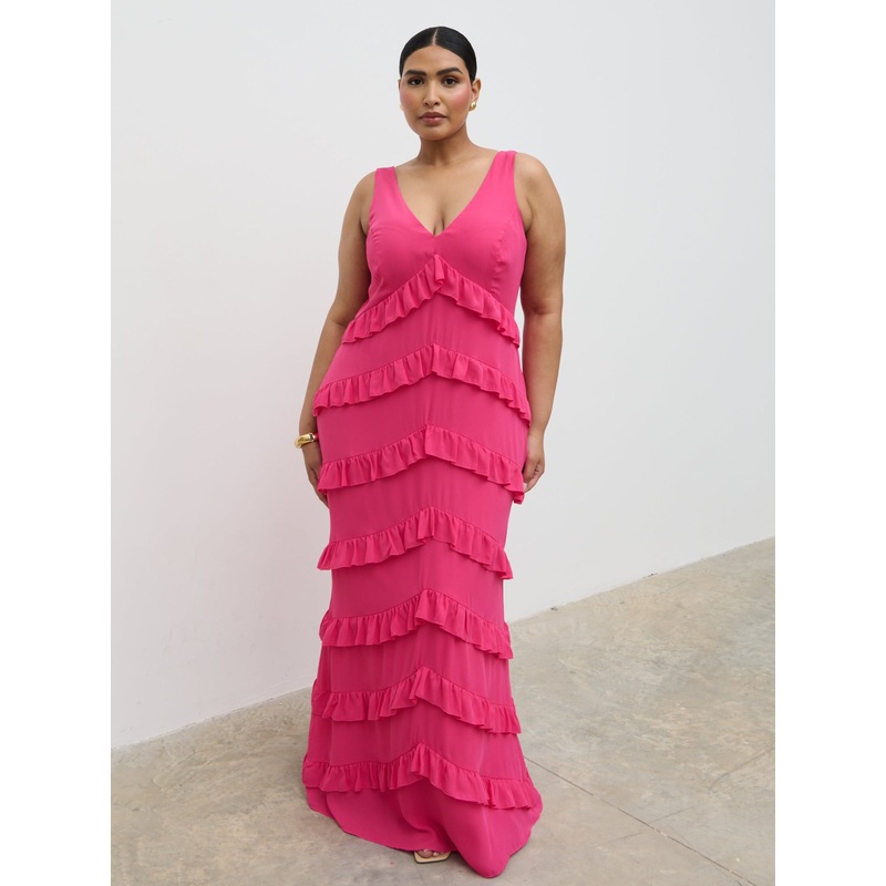 Piper Ruffle Maxi Dress Curve – Fuchsia