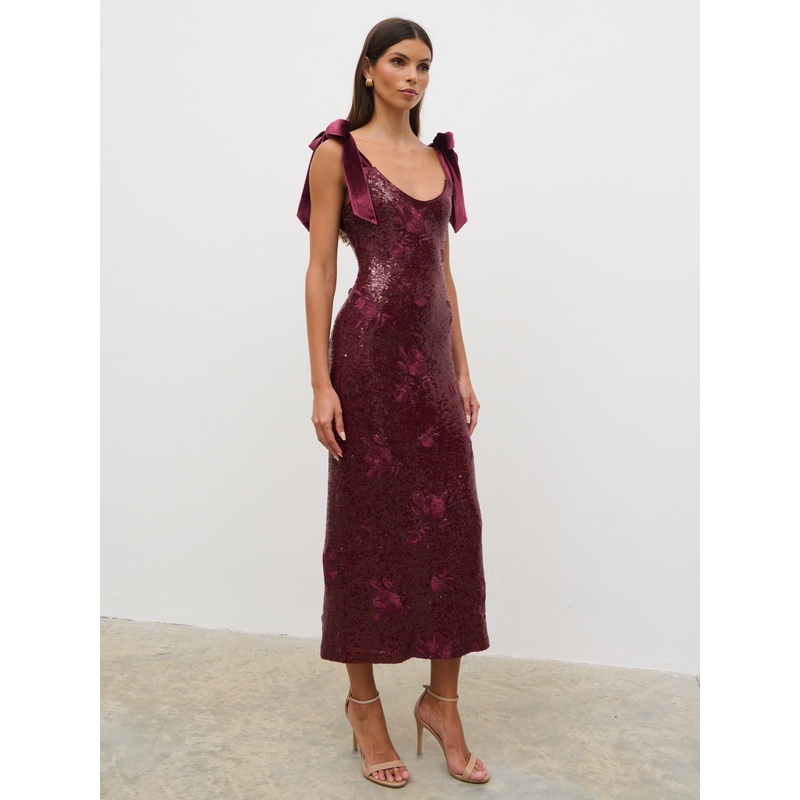 Romy Tie Sequin Midaxi Dress – Wine Floral Sequin