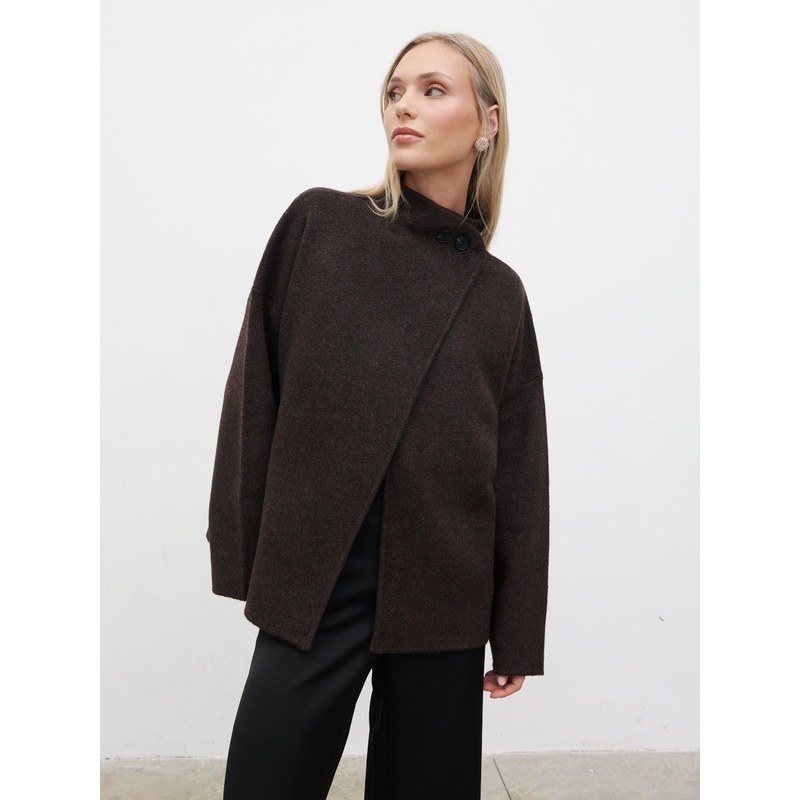 Sarlina Crossover Knit Cardigan With Button Neck – Chocolate Brown