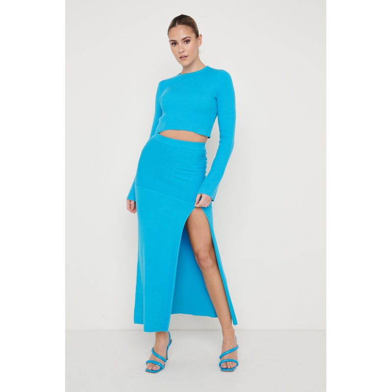 Sofia Asymmetric Knit Skirt – Aqua Blue