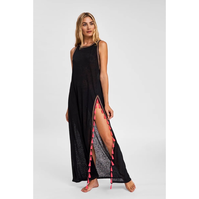 Pitusa Tassel Slit Dress-Black & Watermelon-Petite & Standard