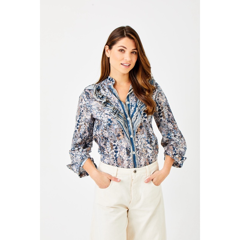 Suzy D CELESTE Frill Shirt-Blue/ Grey Print Mix & Lilac/ Eggplant Print Mix-S/M & M/L