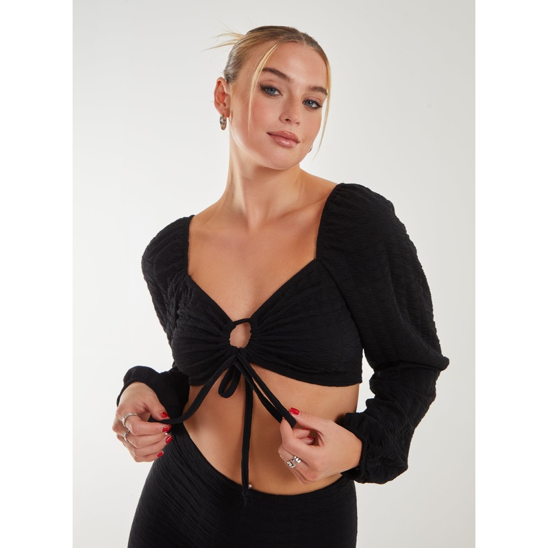 Bubble Long Sleeve Top-S & M & L-BLACK