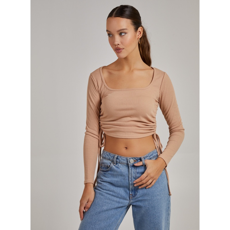 Gathered Ribbed Long Sleeve Top