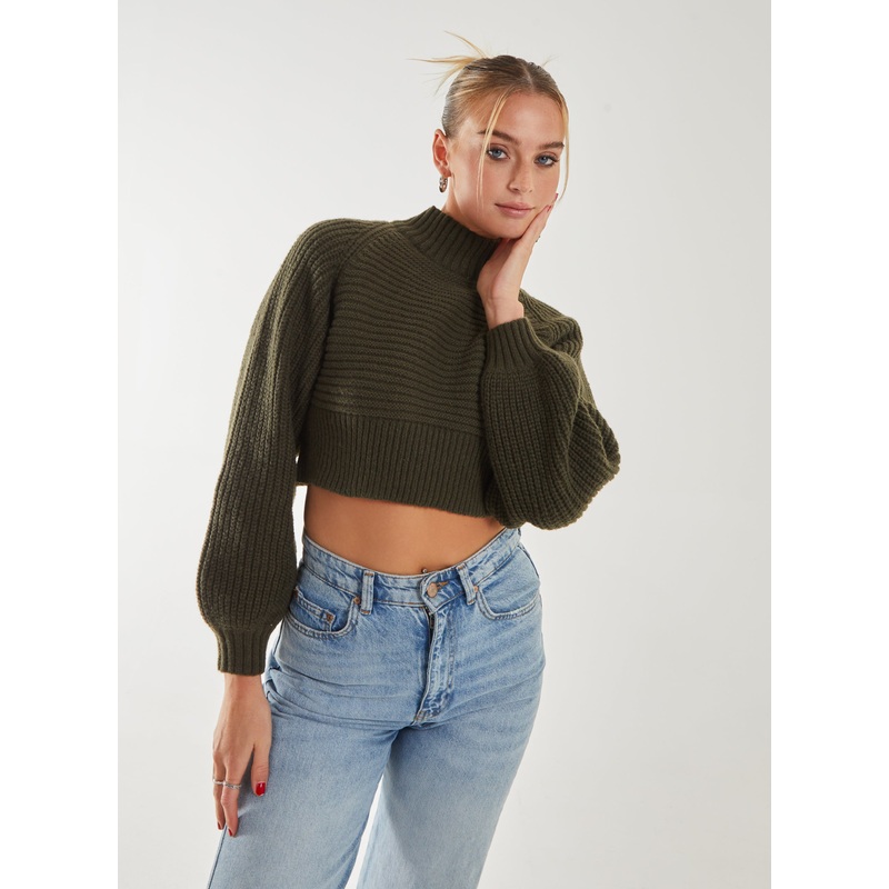 High Neck Knitted Jumper-S/M & M/L-KHAKI