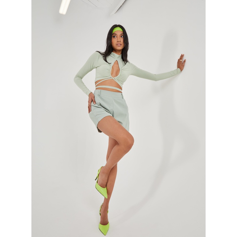 Keyhole Tie Front Long Sleeve Top