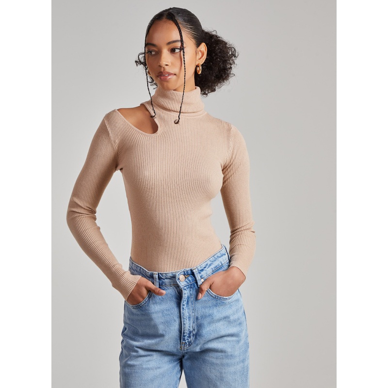 Knit Cut Out Turtle Neck Top-S & M & L-Camel