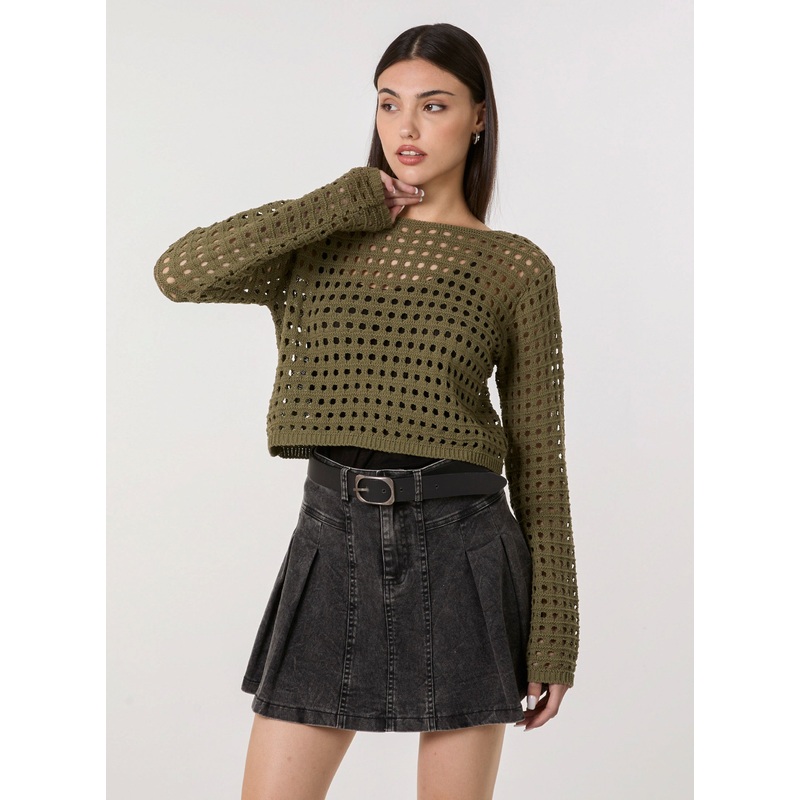 Long Sleeve Crochet Top-S & M & L-Khaki