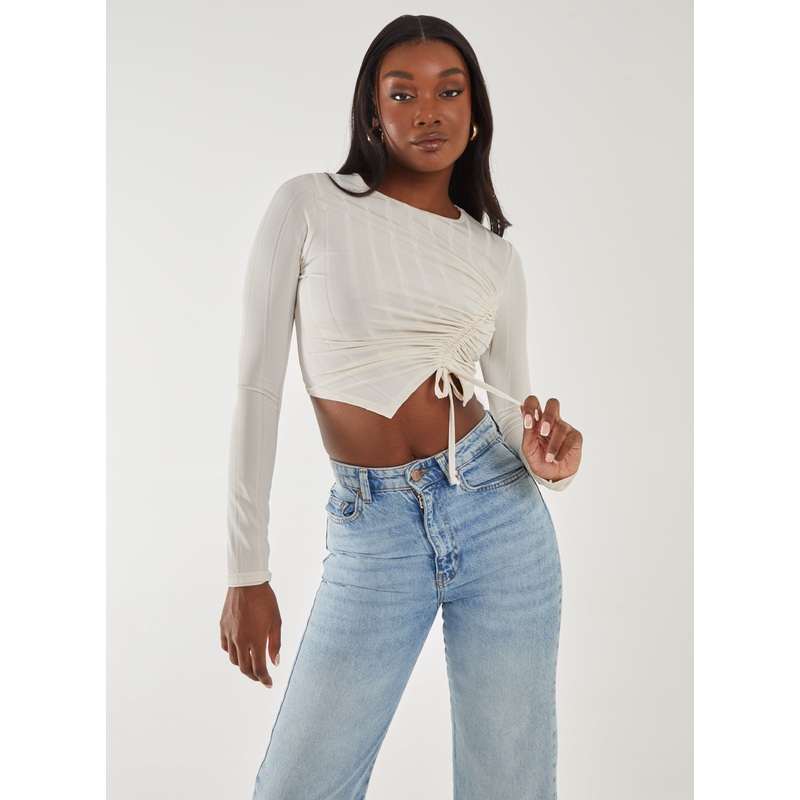 Long Sleeve Ruched Asymmetric Top