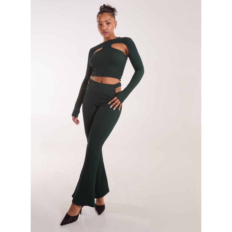 Popcorn Cut Out Flares-S & M & L-BOTTLE GREEN