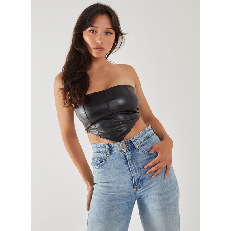PU Seam Detail Corset Top-6 & 8 & 10 & 12 & 14-BLACK