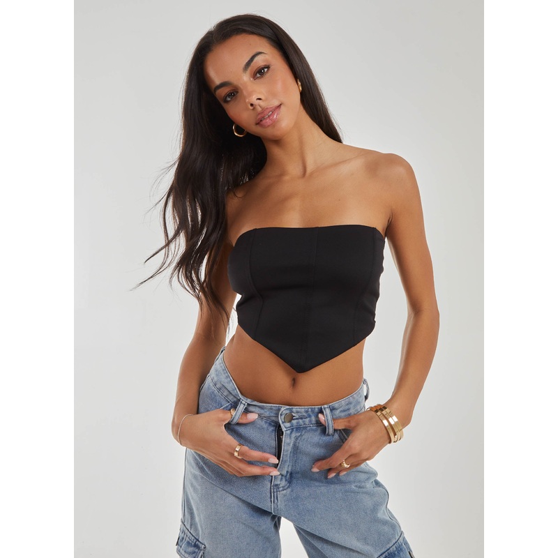 Seam Detail Corset Crop Top-6 & 8 & 10 & 12 & 14-Black