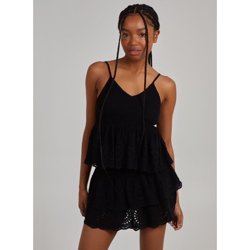 Shirred Broderie Crop Top-S & M & L-Black