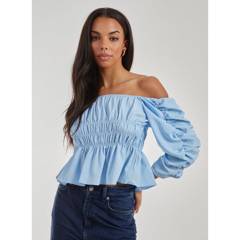 Shirred Detail Puff Sleeve Crop Top
