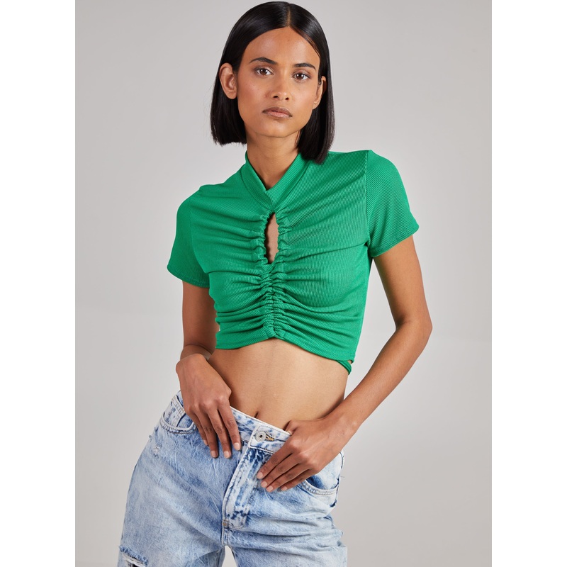 Short Sleeve Gathered Keyhole Ribbed Top