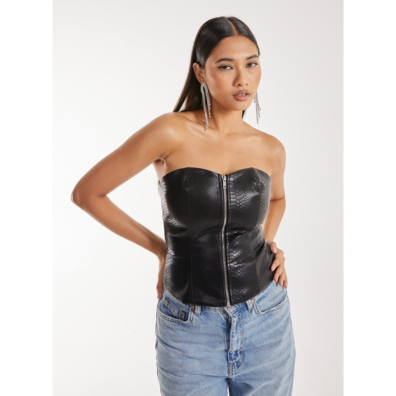 Snake PU Lace Up Corset Top-6 & 8 & 10 & 12 & 14-Black