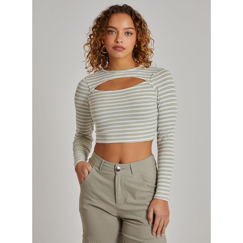 Striped Rib Letterbox Long Sleeve Crop Top