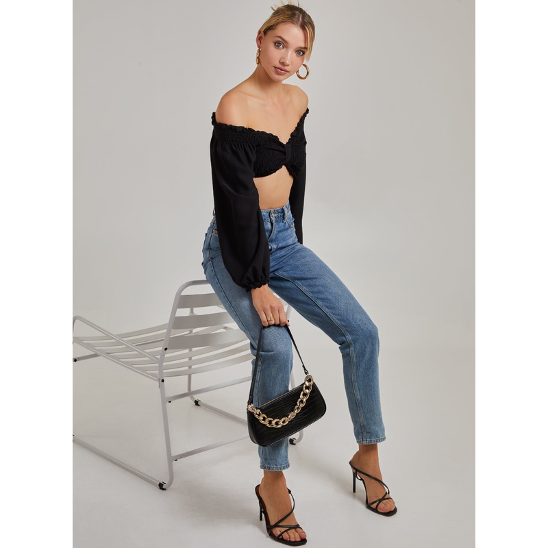 Twist Front Balloon Sleeve Crop Top