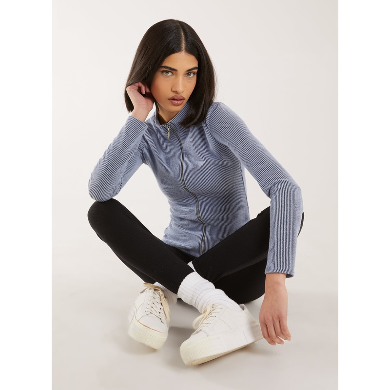 Two Tone Rib Double Zip Top-S & M & L-Blue