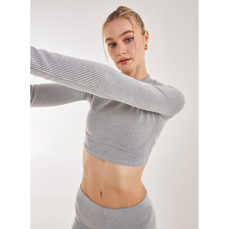 Two Tone Rib Long Sleeve Top-S & M & L-Grey