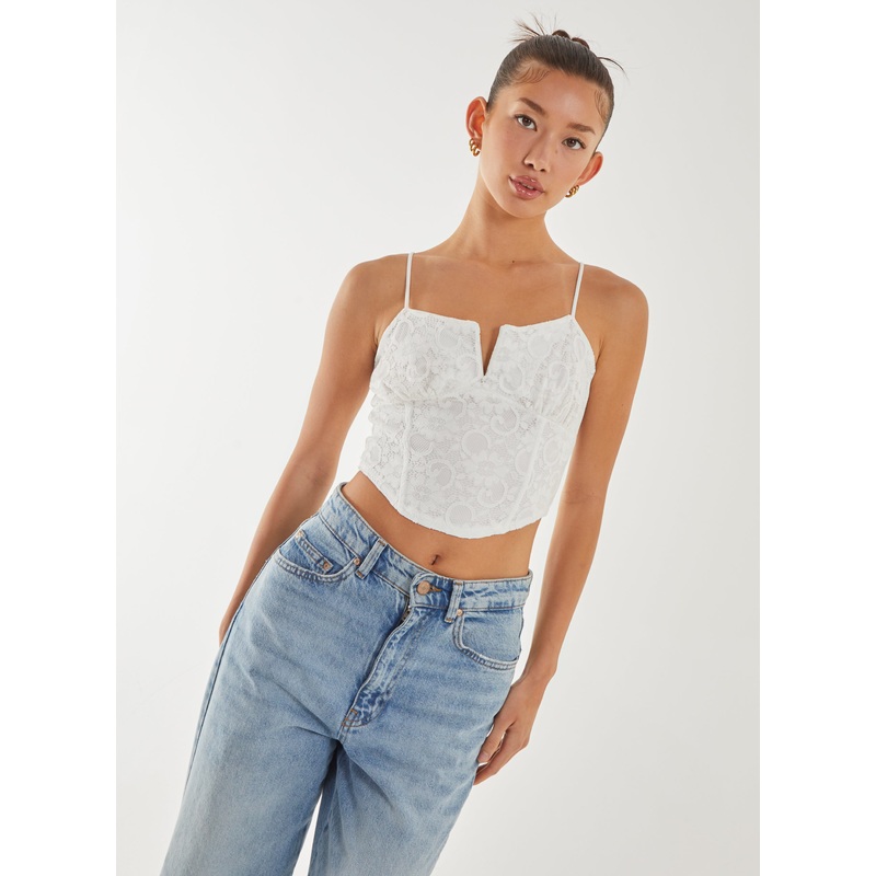 V-Detail Lace Strappy Top-S & M & L-IVORY