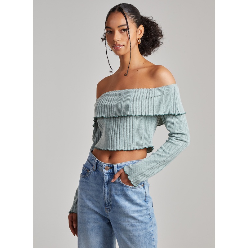 Wide Brushed Ribbed Bardot Top