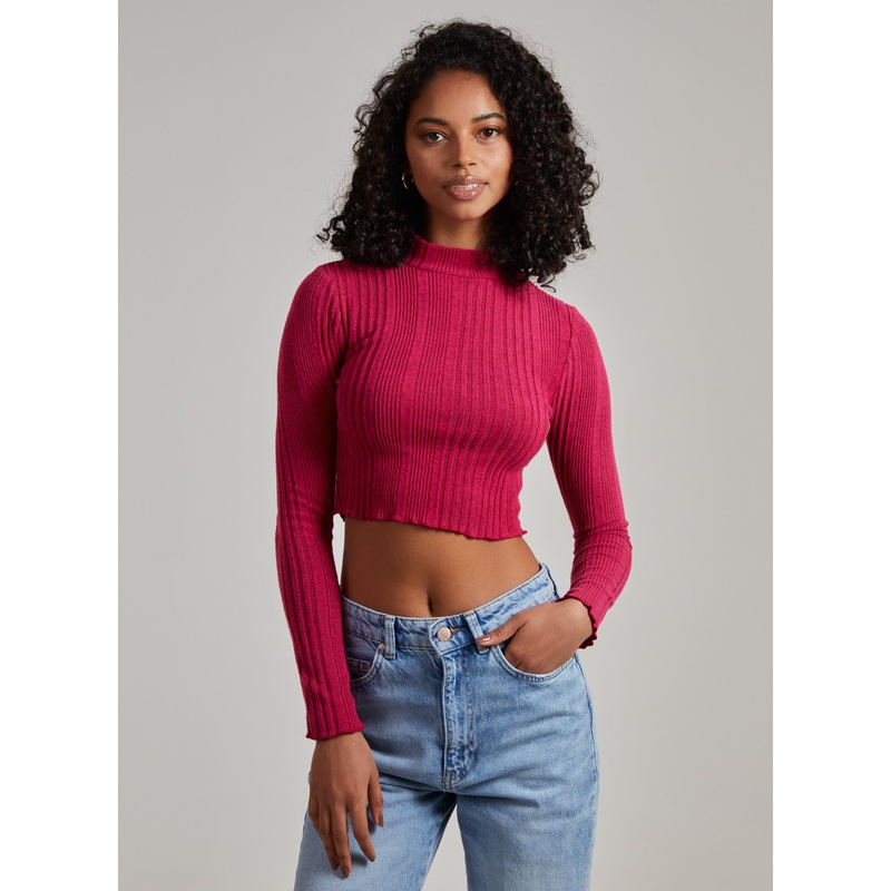 Wide Brushed Ribbed Lettuce Hem Long Sleeve Crop Top