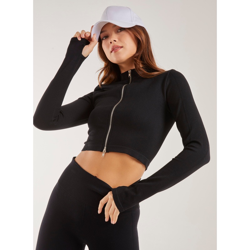 Active Rib Double  Zip Top-S & M & L-BLACK