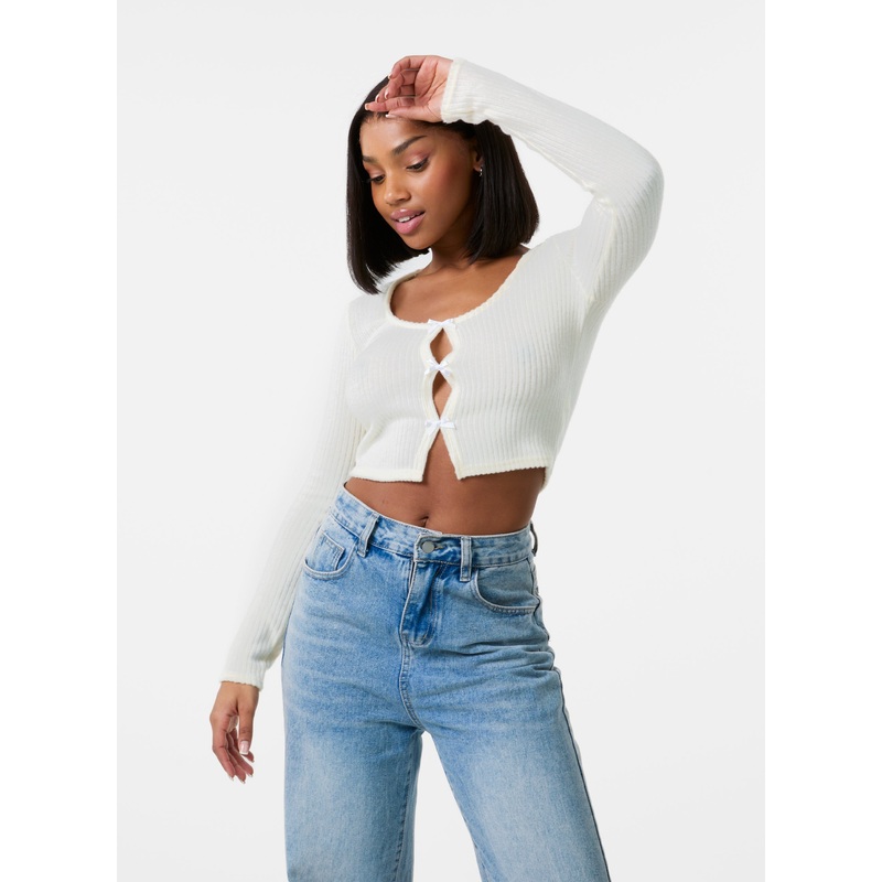 Brushed Rib Bow Top-S/M & M/L-IVORY