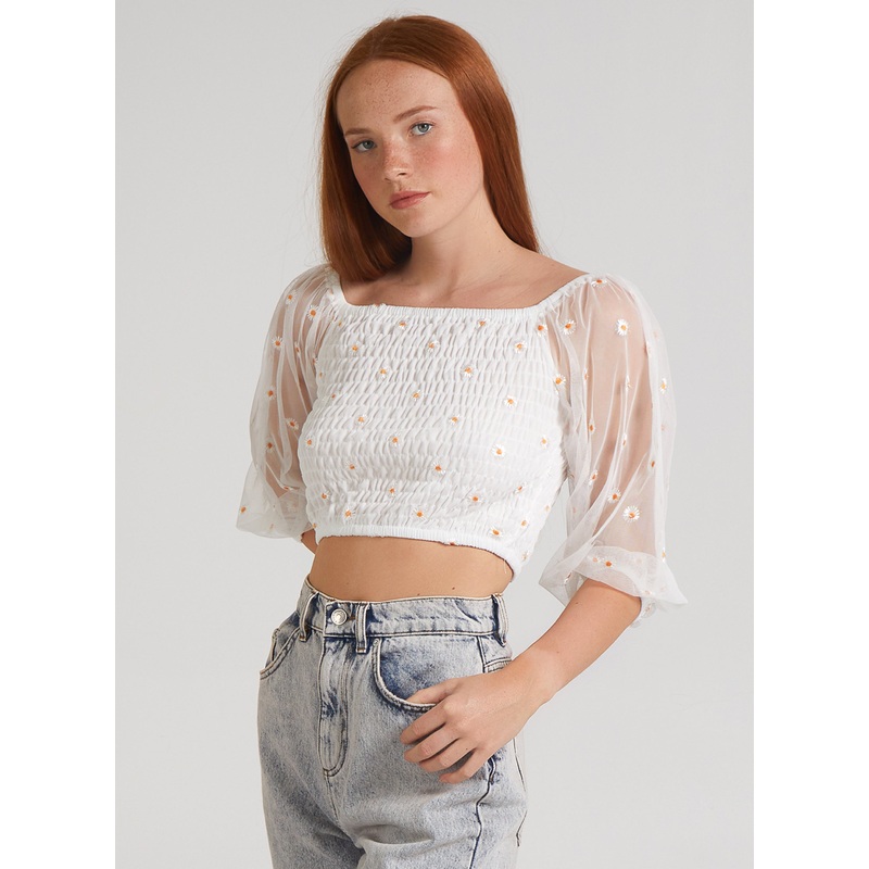 Daisy Embroidered Bardot Top-S & M & L-White