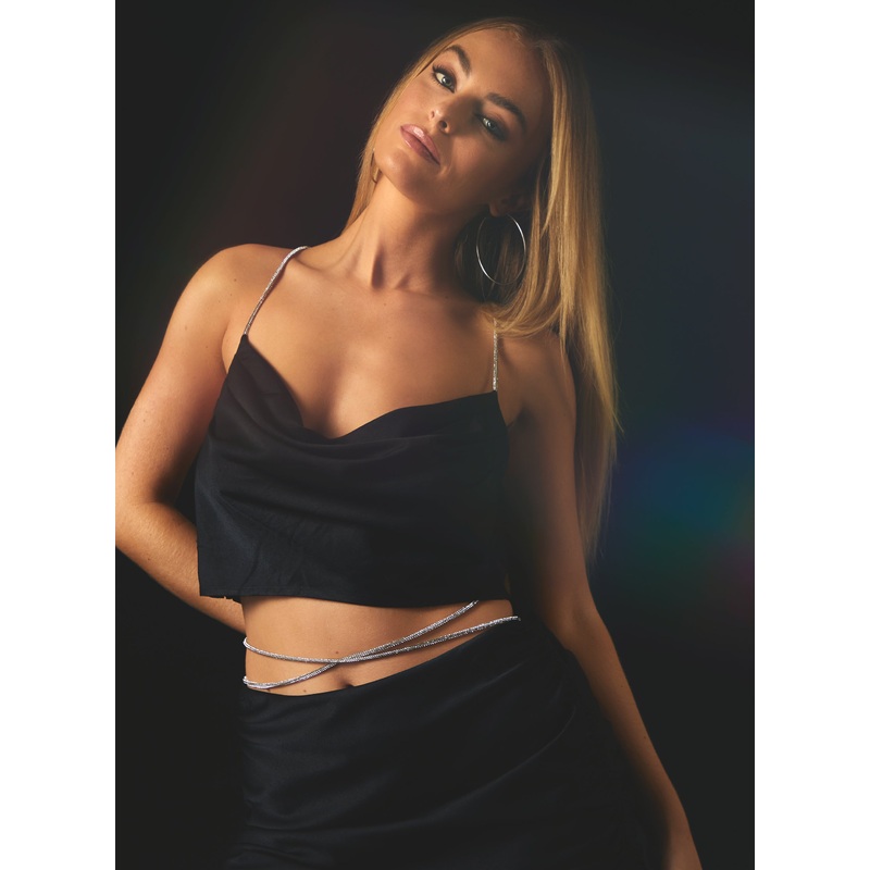 Diamante Strap Cowl Neck top-S & M & L-Black