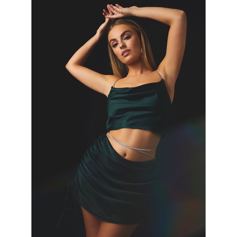 Diamante Strap Cowl Neck top-S & M & L-Bottle Green