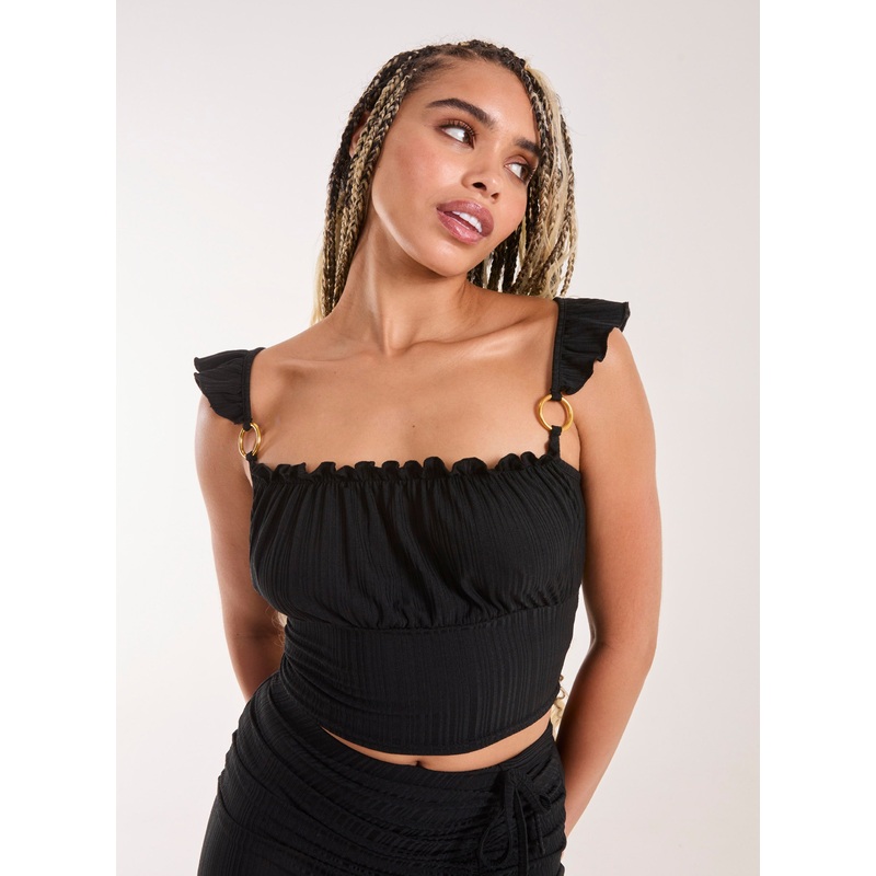 Frill Strap and Trim Crop Top-S & M & L-BLACK