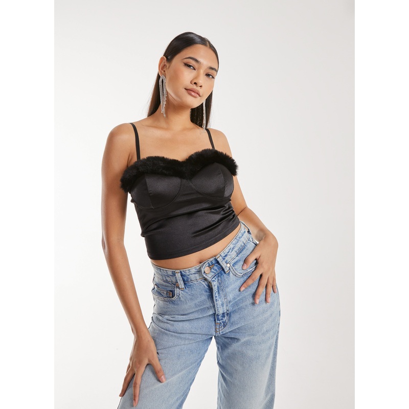 Fuzzy Trim Bralette-S & M & L-BLACK