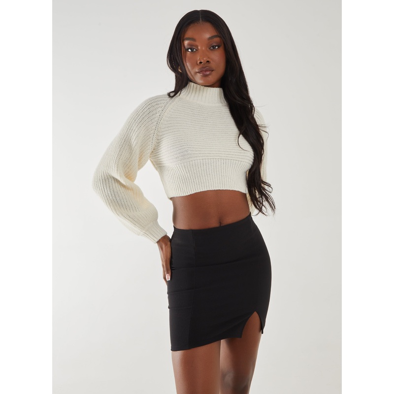 High Neck Knitted Crop Jumper-S/M & M/L-IVORY