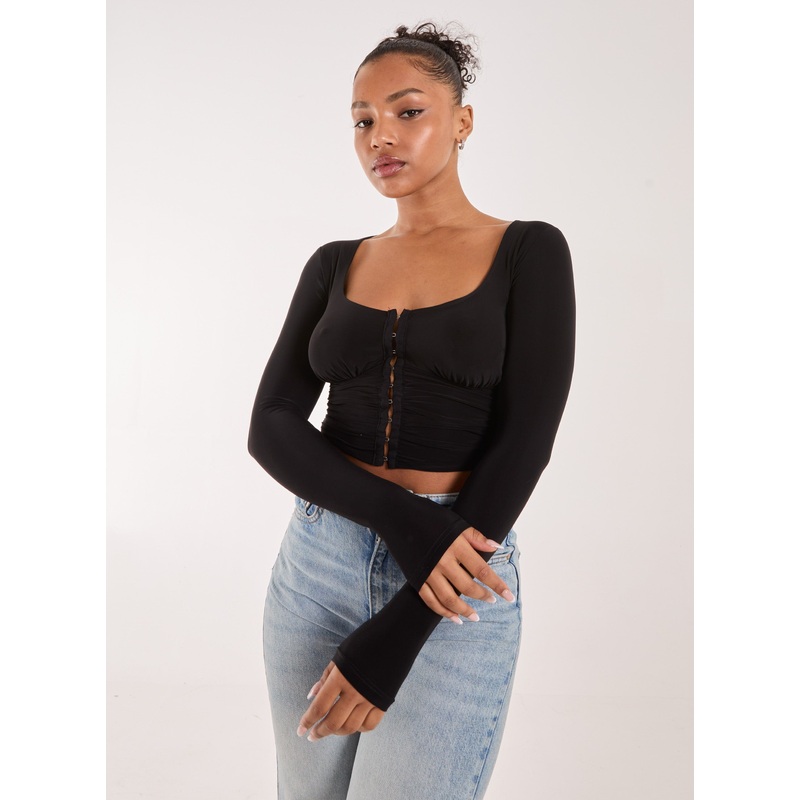 Hook and Eye Long Sleeve Top-S & M & L-Black