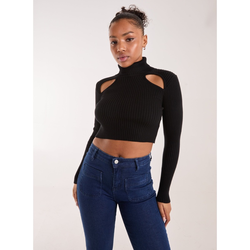 Ribbed Roll Neck Jumper With Cut Out Detail