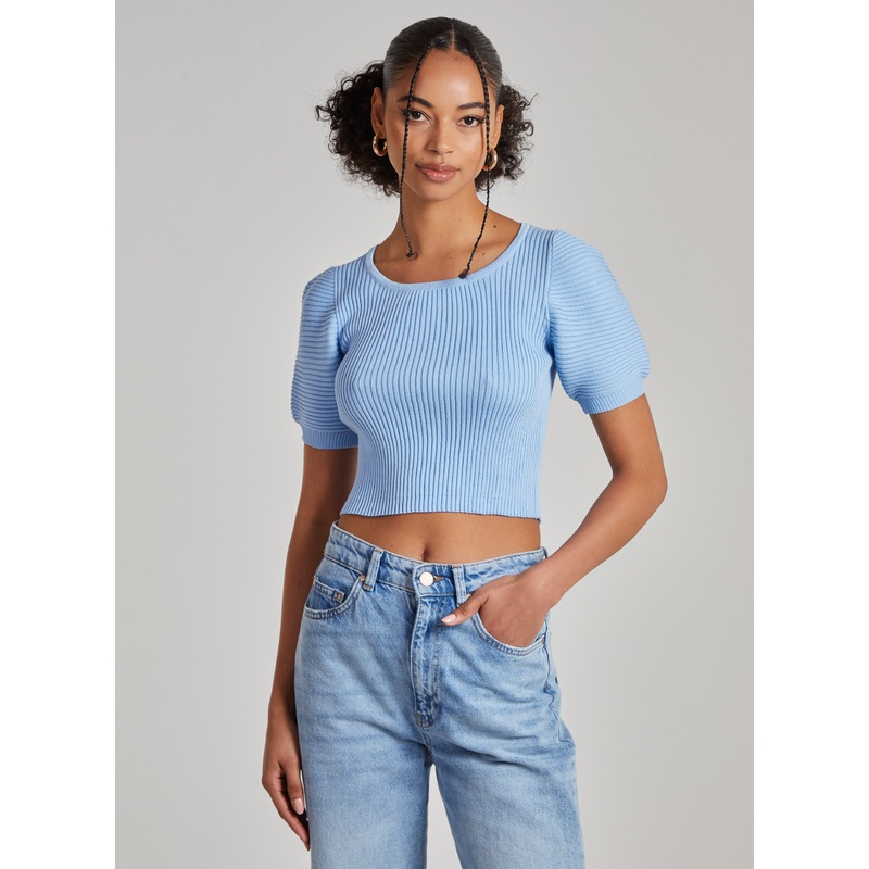 Scoop Neck Knit Crop Top-S & M & L-Blue