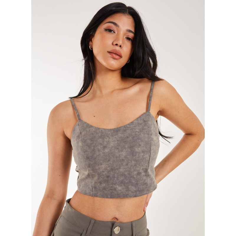 Stone Washed Stretch Crop Top-S & M & L-KHAKI